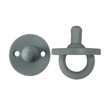 Two gray pacifiers on a white background. Itzy Silicone Pacifiers