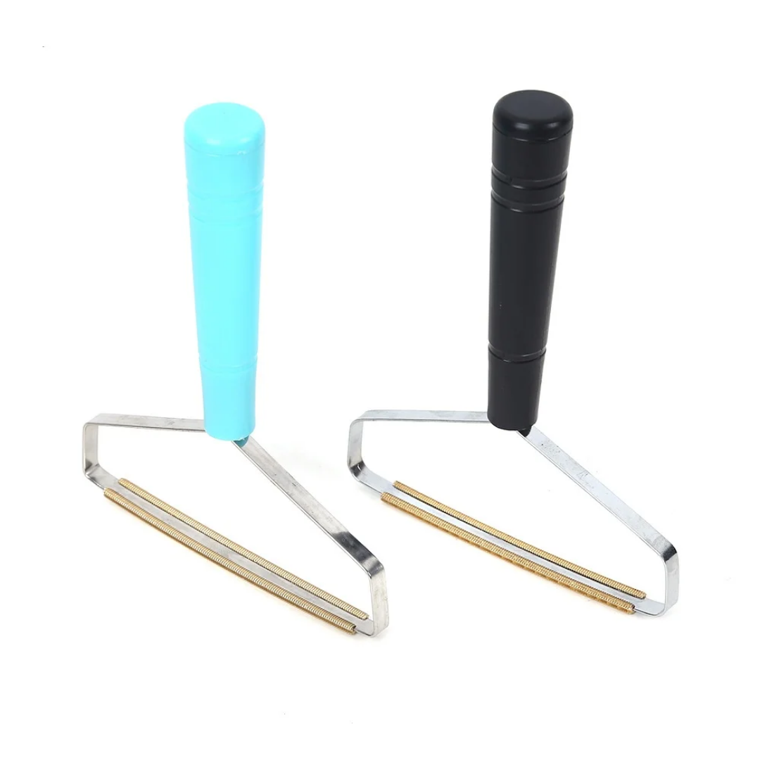 Two metal lint rollers with blue and black handles on a white background