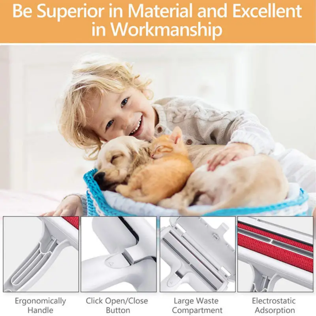 Child holding a pet with text about product features and benefits. Chum Chum Pet Hair Remover Roller