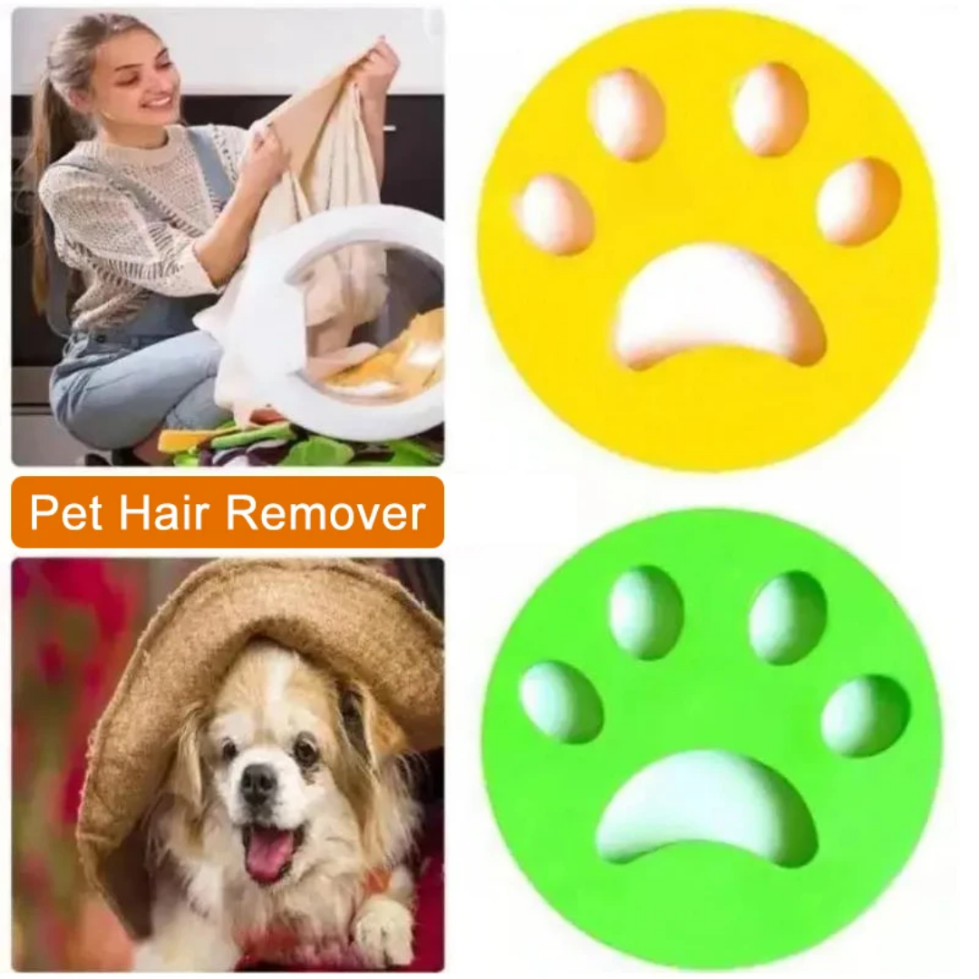 Pet hair remover with paw-shaped design, used by a woman and shown on a white background. FurZapper Pet Hair Remover for Laundry