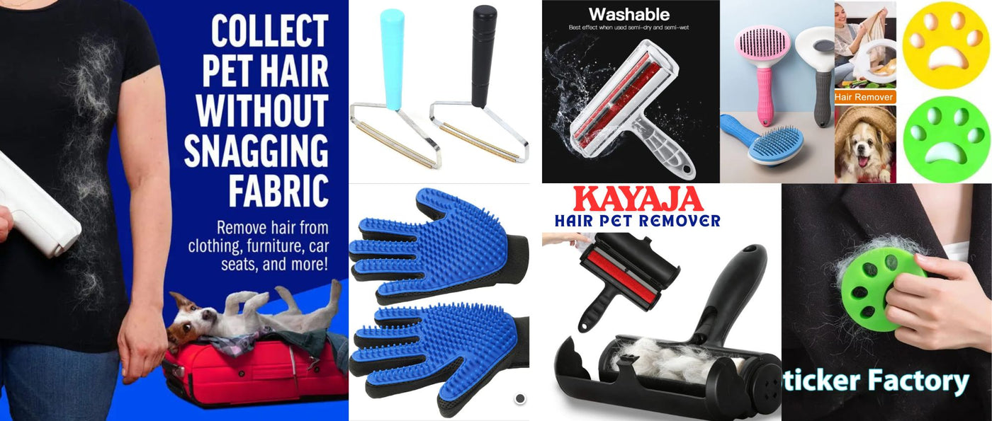 Collage of pet grooming tools and products with text promoting Kayaja hair pet remover.