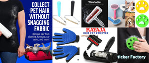 Collage of pet grooming tools and products with text promoting Kayaja hair pet remover.