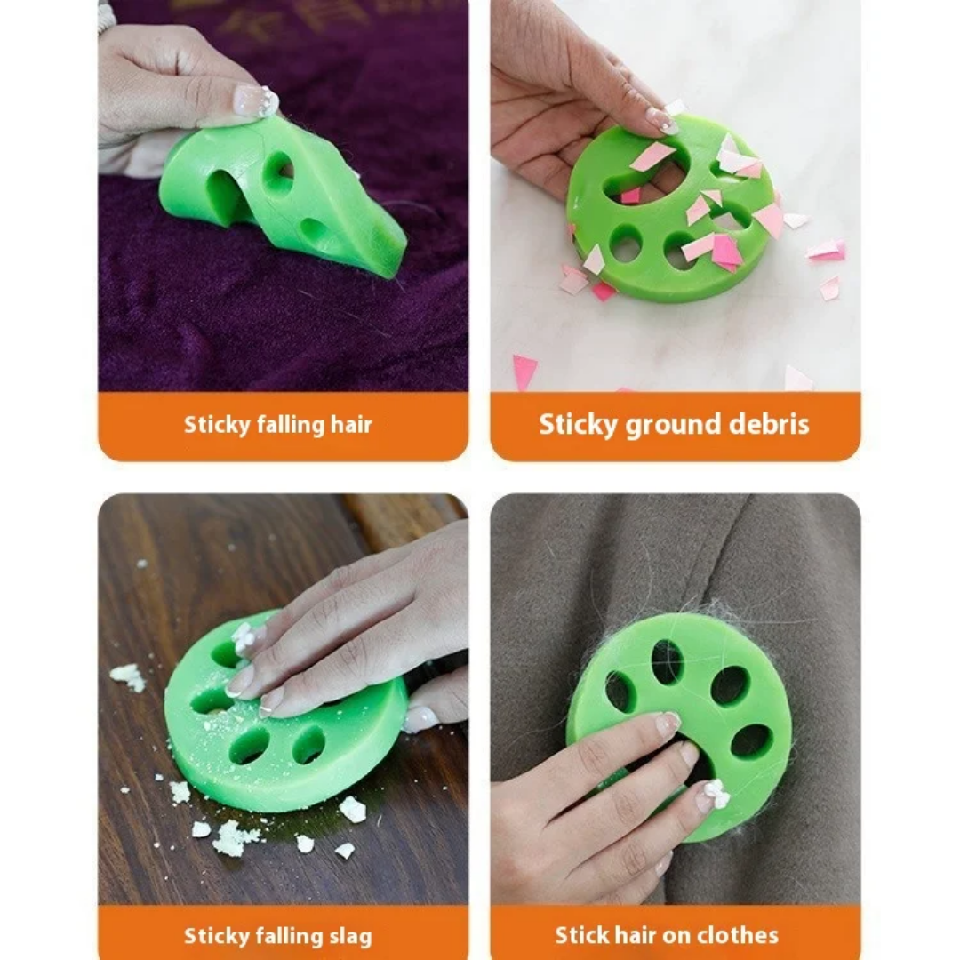 Green hair removal tool being used on various sticky substances with text labels. FurZapper Pet Hair Remover for Laundry