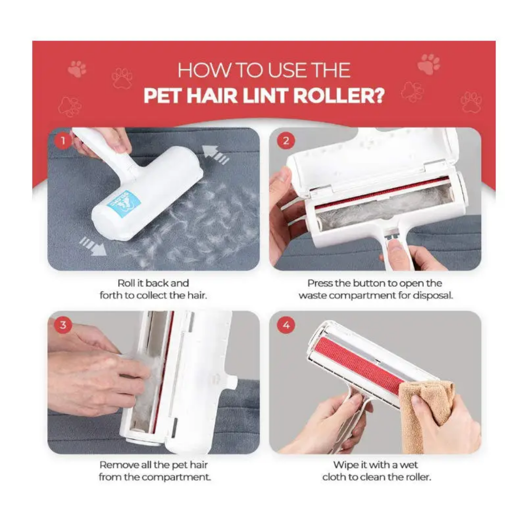 Instructions on how to use a pet hair lint roller with step-by-step images. Chum Chum Pet Hair Remover Roller