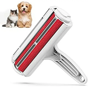 Pet hair removal roller with red bristles on a white background, accompanied by images of a cat and a dog.