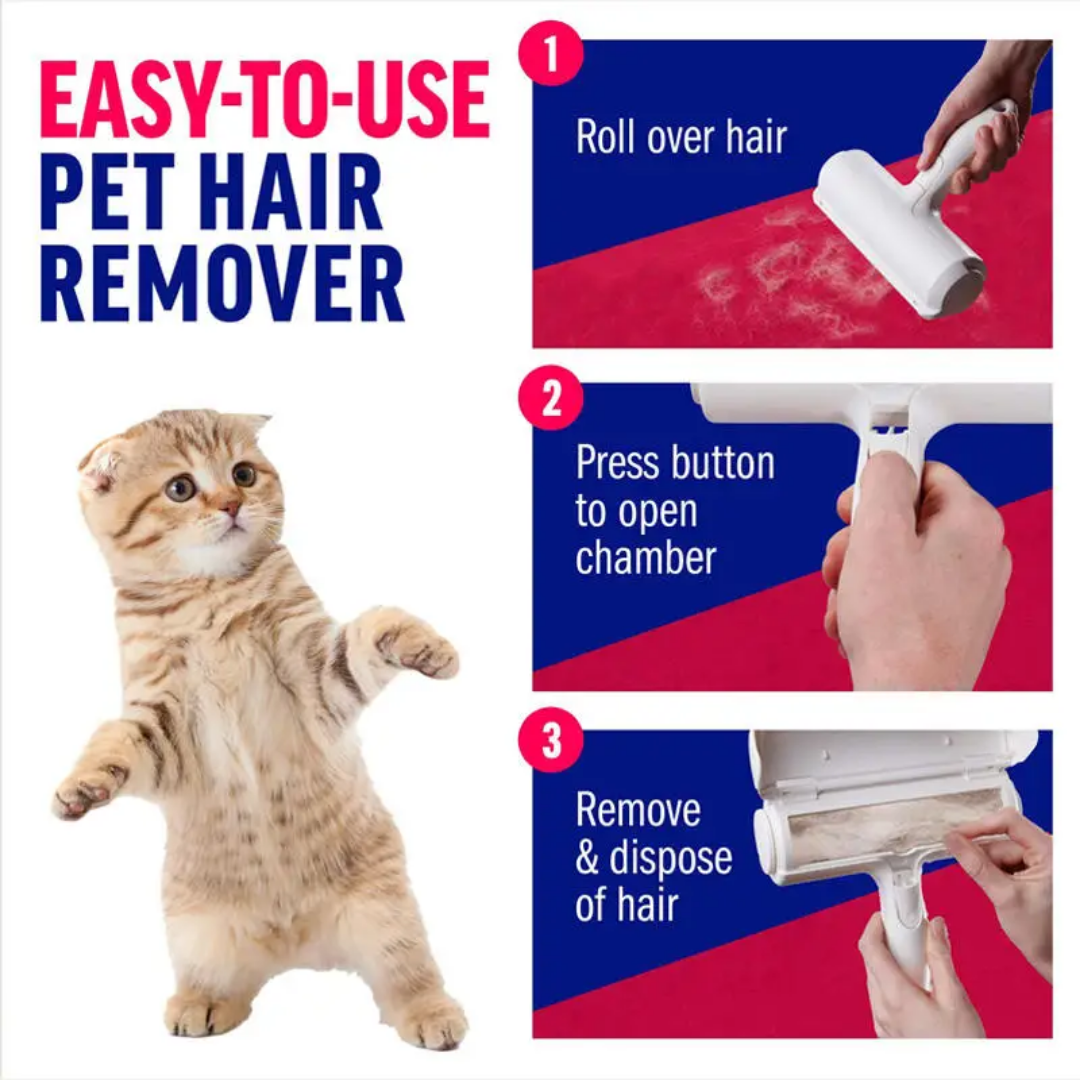 Pet hair remover with instructions and a cat on a white background. Chum Chum Pet Hair Remover Roller
