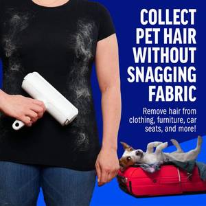 Person using a pet hair remover on a black shirt with text about removing pet hair.
