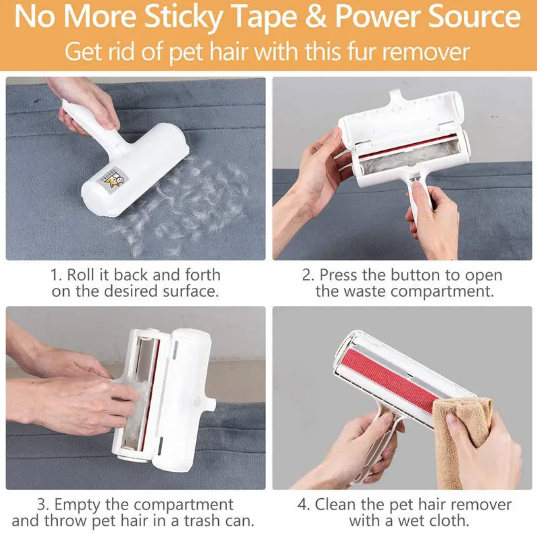 Pet hair remover with step-by-step instructions on how to use it. Chum Chum Pet Hair Remover Roller