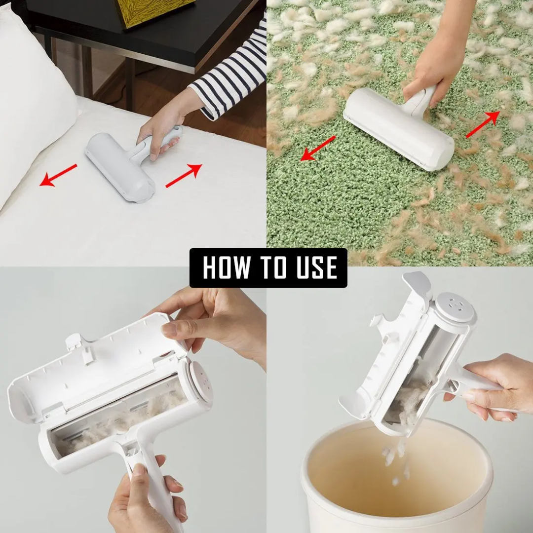 Instructions on how to use a cleaning tool with text 'HOW TO USE' displayed. Chum Chum Pet Hair Remover Roller