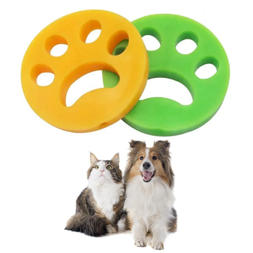 Two paw-shaped dog toys, one yellow and one green, with a cat and a dog sitting below on a white background.